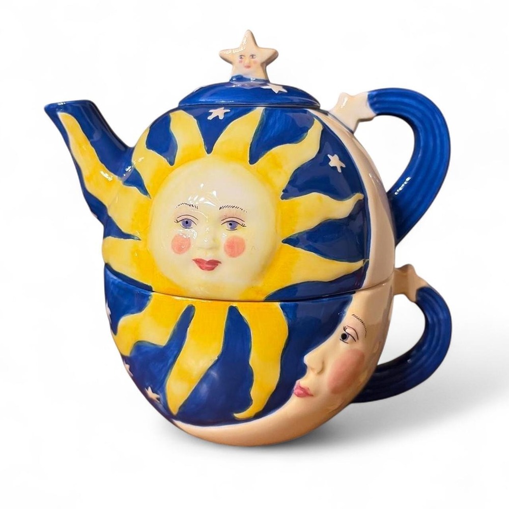 Vintage 90s New With Box Celestial Moon and Sun Teapot and Teacup set